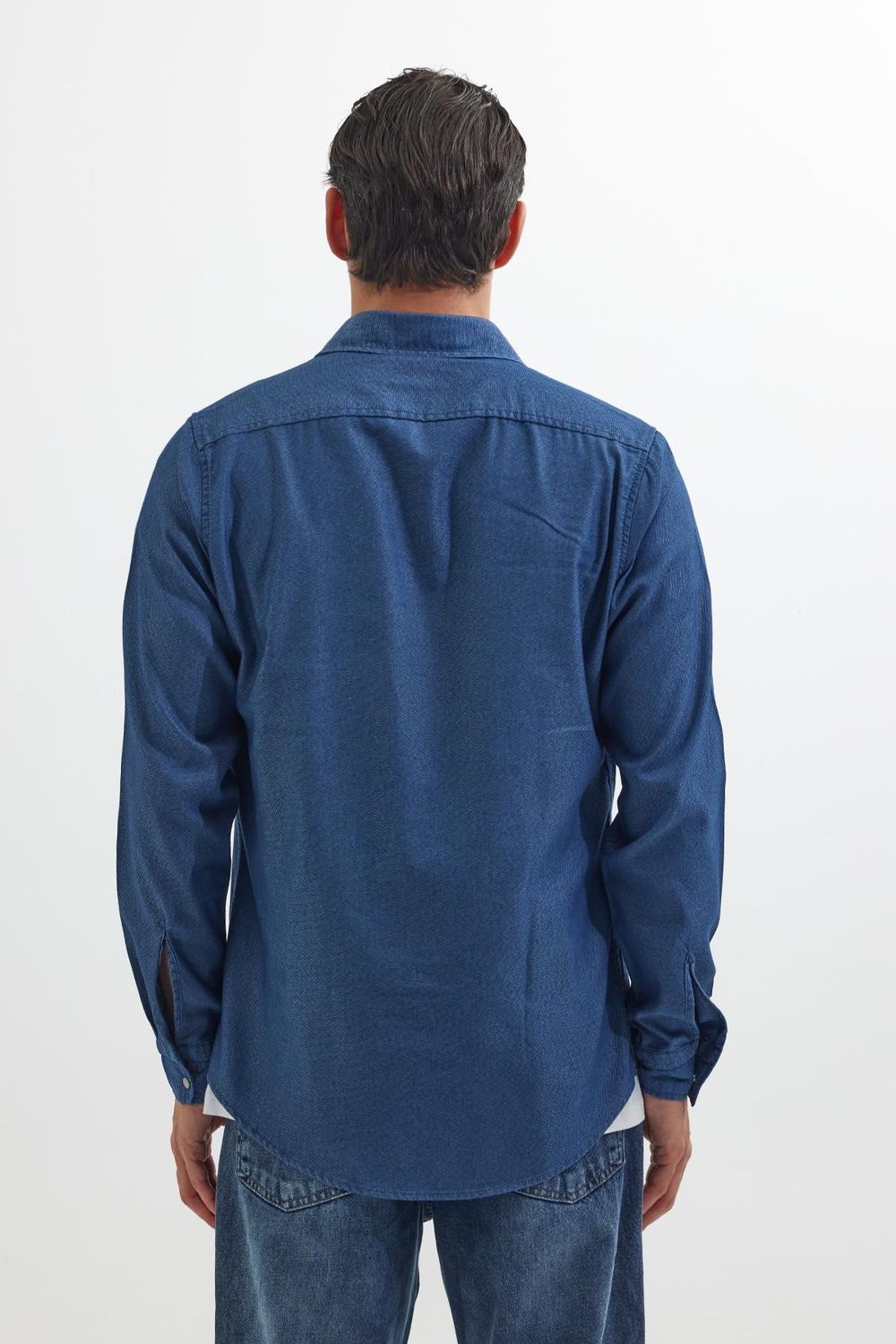 Slim Fit Uzun Kollu Spor Yaka Yıkamalı Çift Cepli Armürlü Denim Kot İndigo Erkek Gömlek