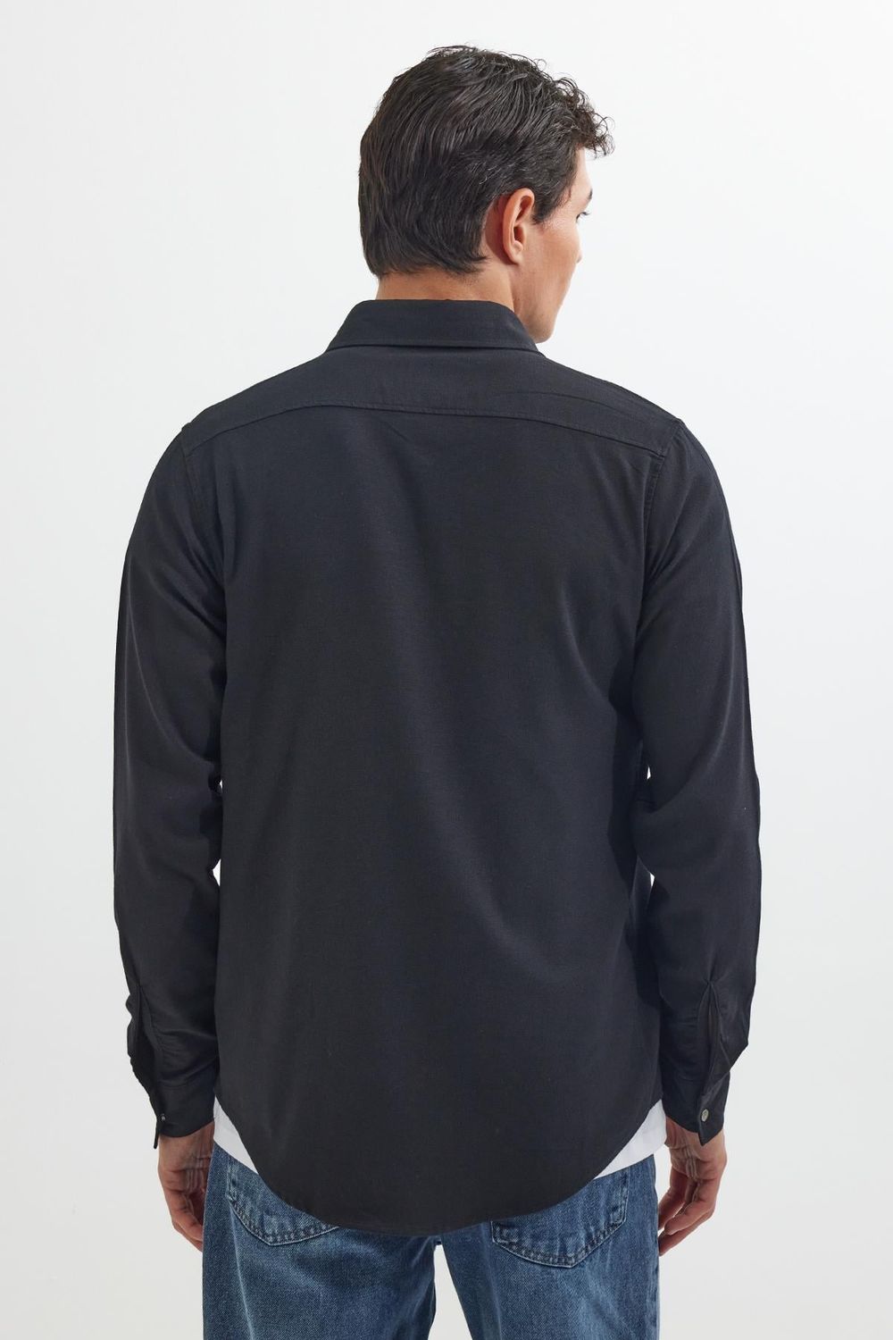 Slim Fit Uzun Kollu Spor Yaka Yıkamalı Çift Cepli Armürlü Denim Kot Siyah Erkek Gömlek