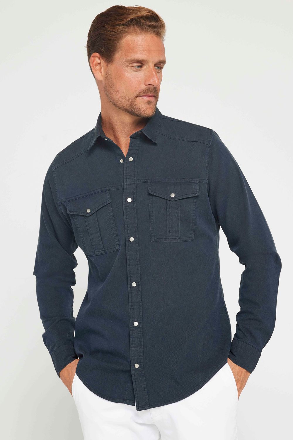 Erkek Slim Fit Uzun Kollu Spor Yaka Yıkamalı Çift Cepli Armürlü Denim Antrasit Gömlek