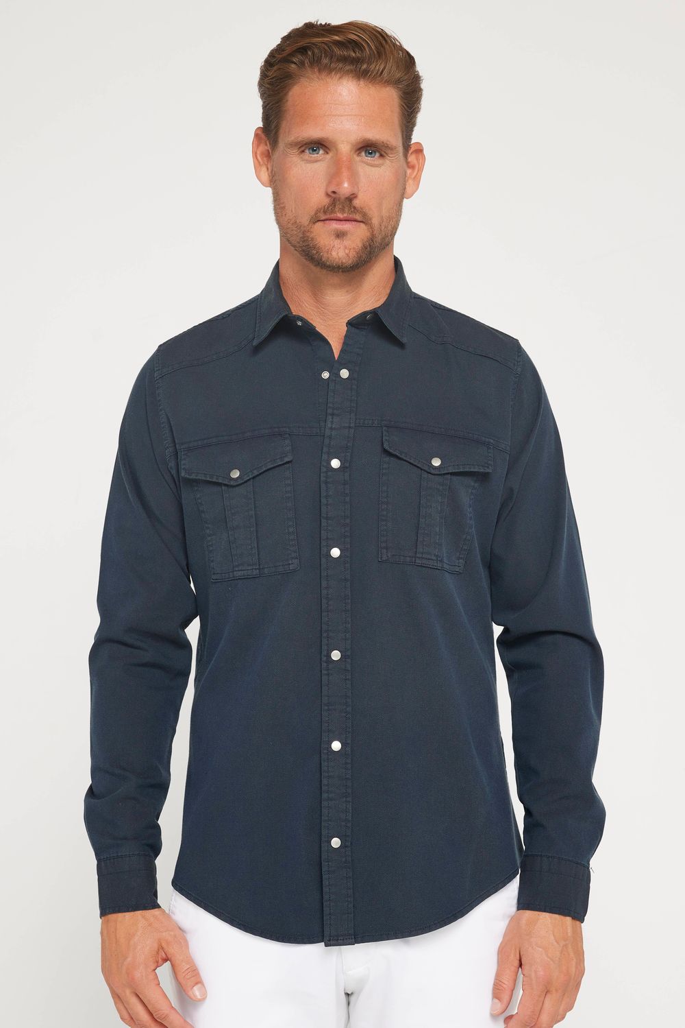 Erkek Slim Fit Uzun Kollu Spor Yaka Yıkamalı Çift Cepli Armürlü Denim Antrasit Gömlek