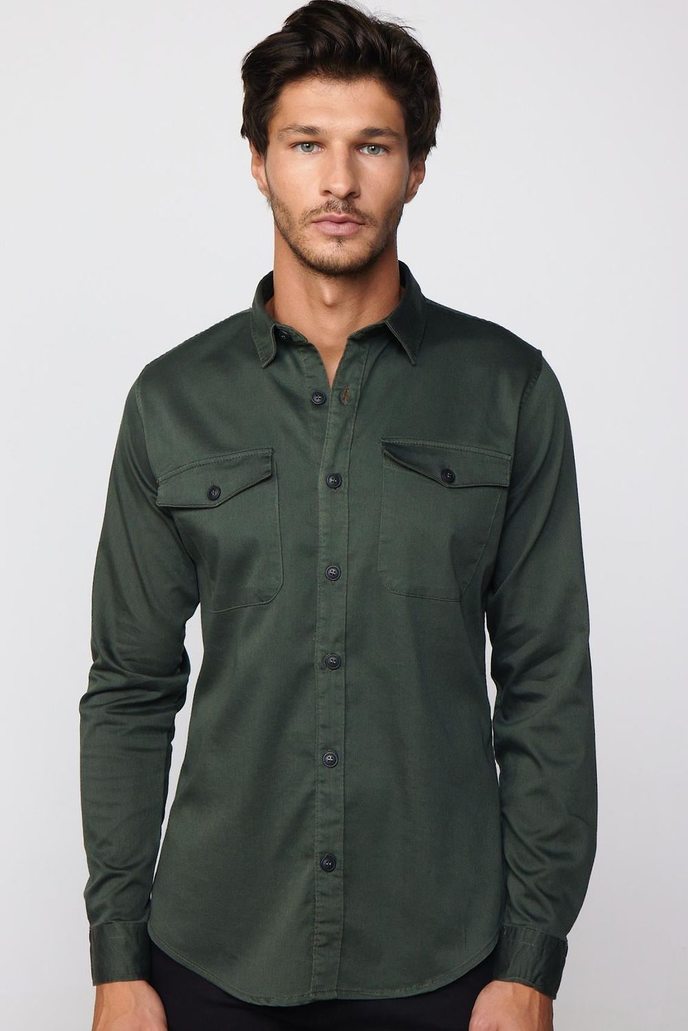 Slım Fit Düz Denim Cepli Gabardin Erkek Haki Gömlek