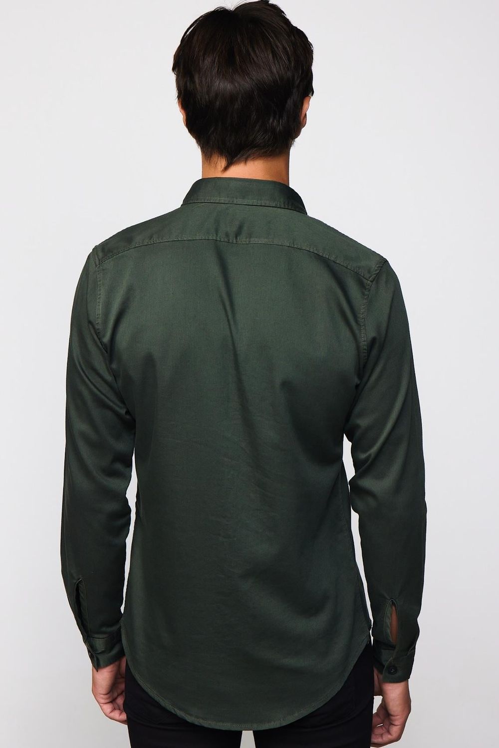 Slım Fit Düz Denim Cepli Gabardin Erkek Haki Gömlek