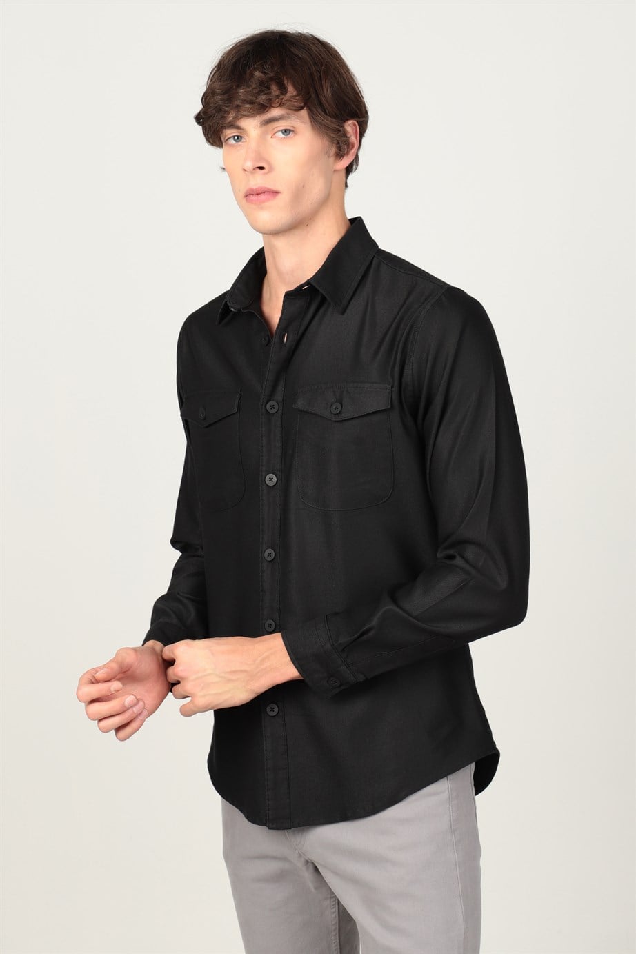 Slım Fit Düz Cepli Gabardin Erkek Gömlek