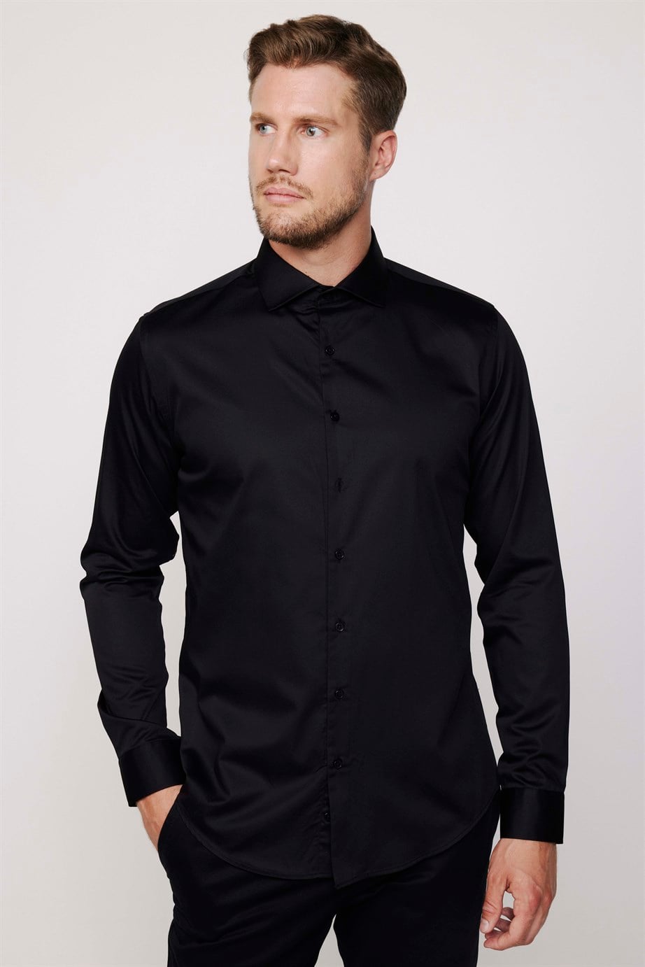 Slim Fit Koton Saten Premium Seri Erkek Siyah Gömlek