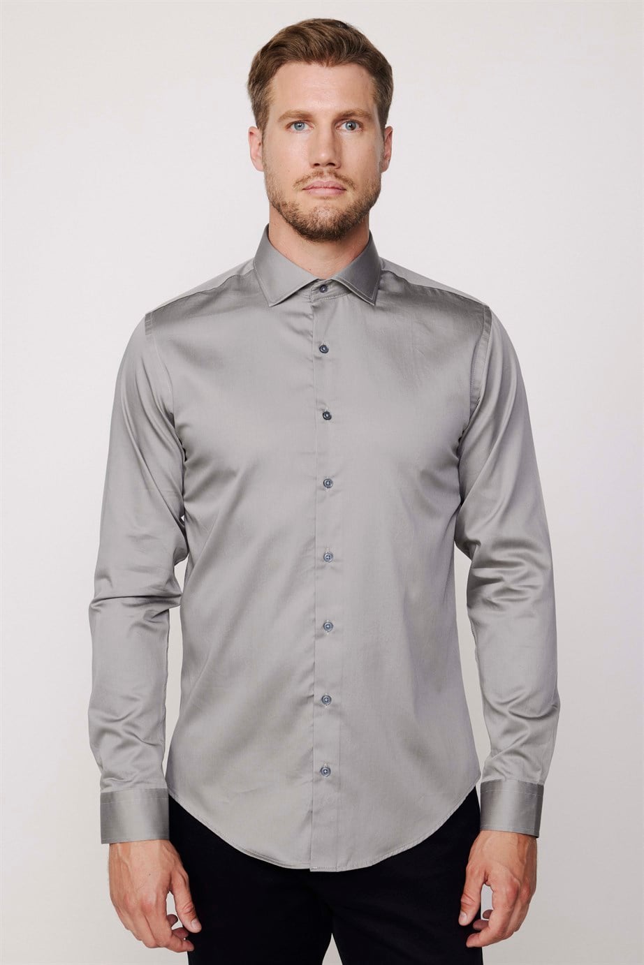 Slim Fit Koton Saten Premium Seri Erkek Gri Gömlek