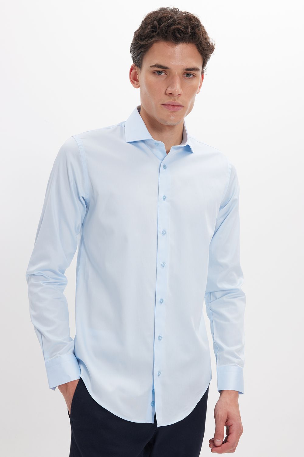 Erkek Slim Fit Dar Kesim %100 Pamuk Koton Saten Premium Seri Mavi Gömlek