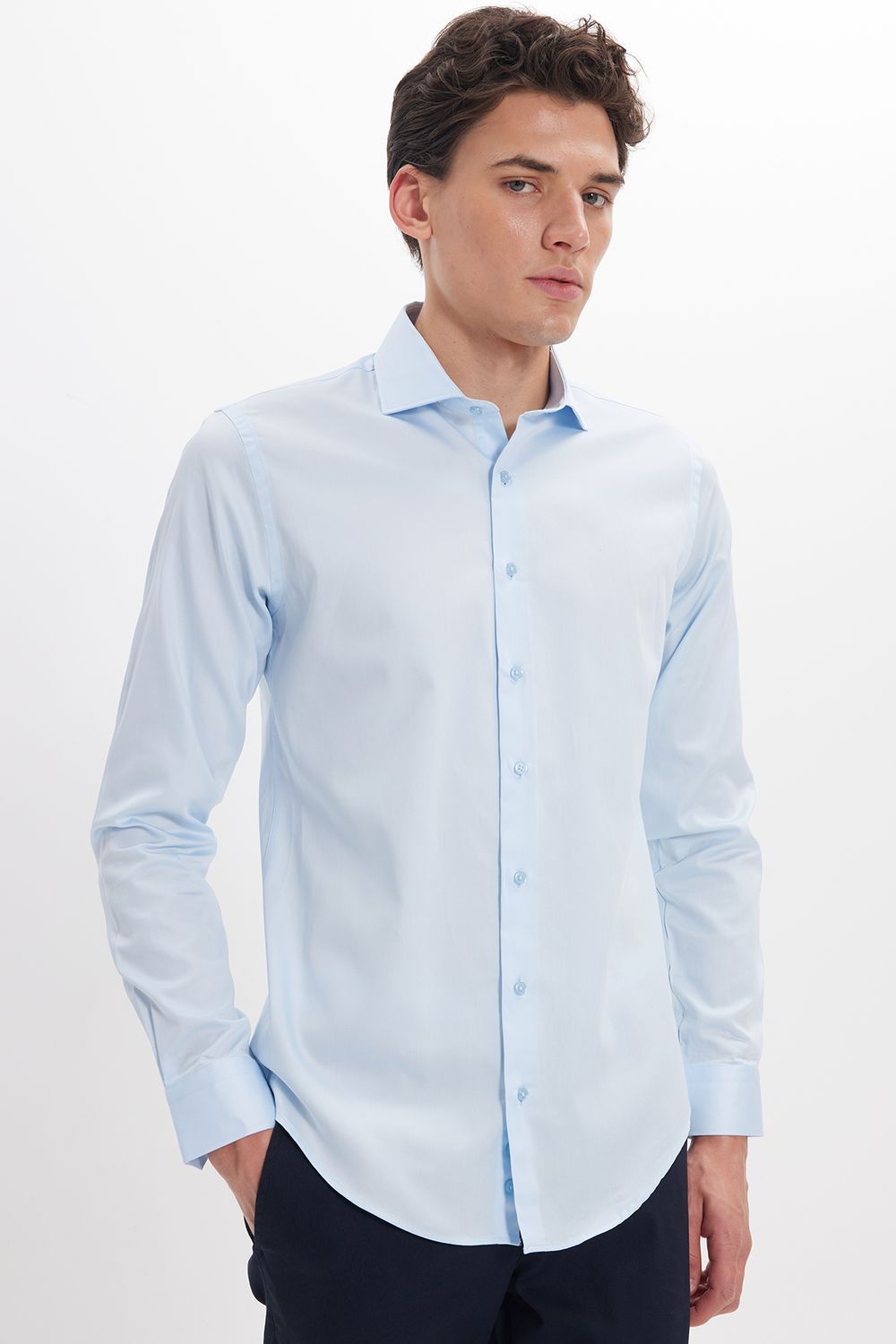 Erkek Slim Fit Dar Kesim %100 Pamuk Koton Saten Premium Seri Mavi Gömlek