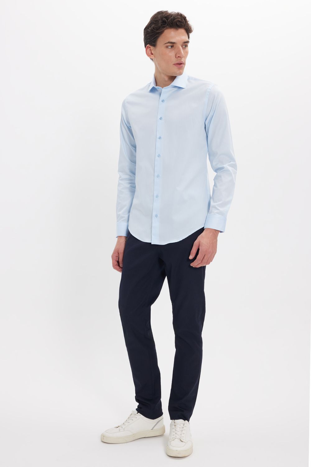 Erkek Slim Fit Dar Kesim %100 Pamuk Koton Saten Premium Seri Mavi Gömlek