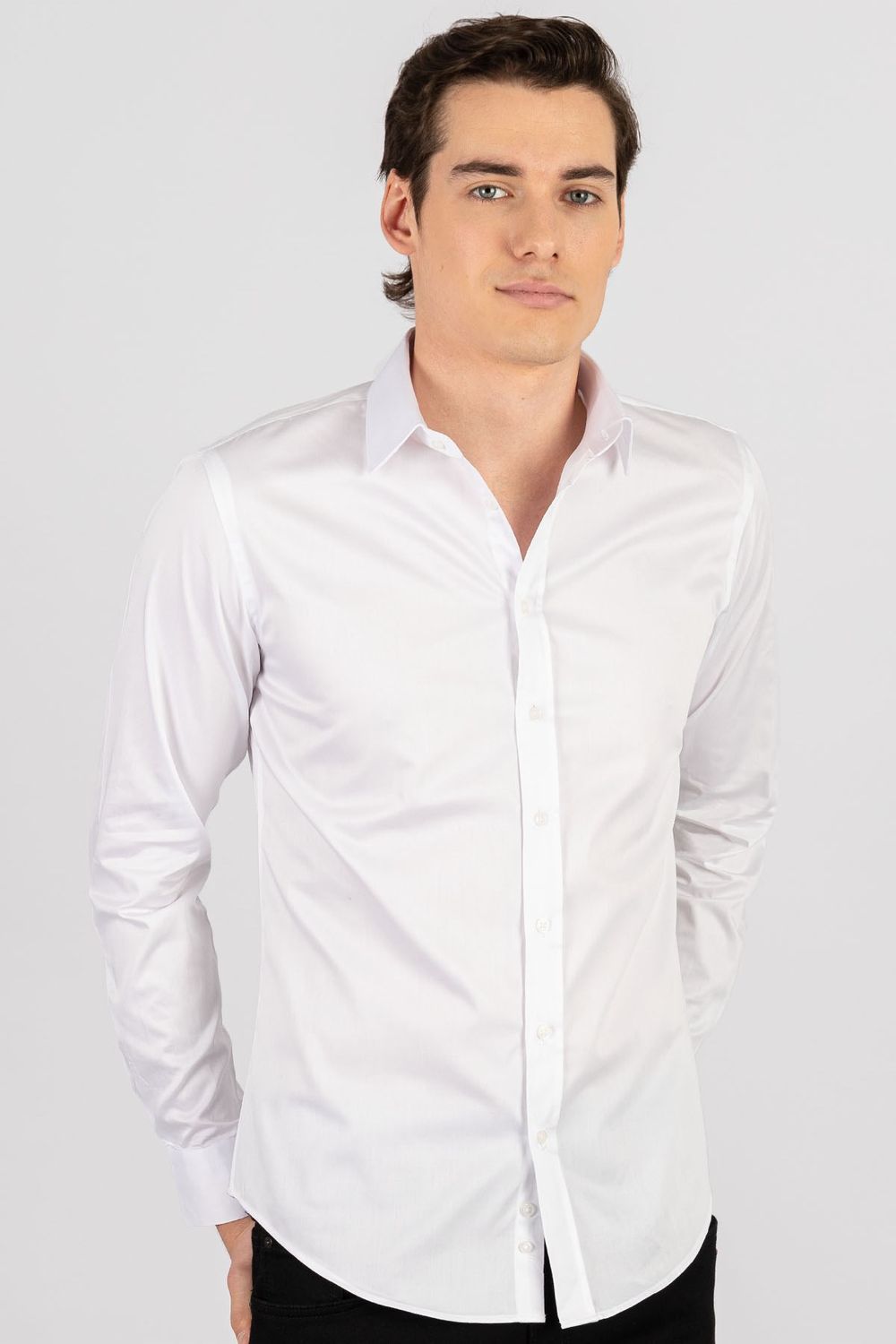 Slim Fit Uzun Kollu %100 Koton Saten Premium Erkek Beyaz Gömlek