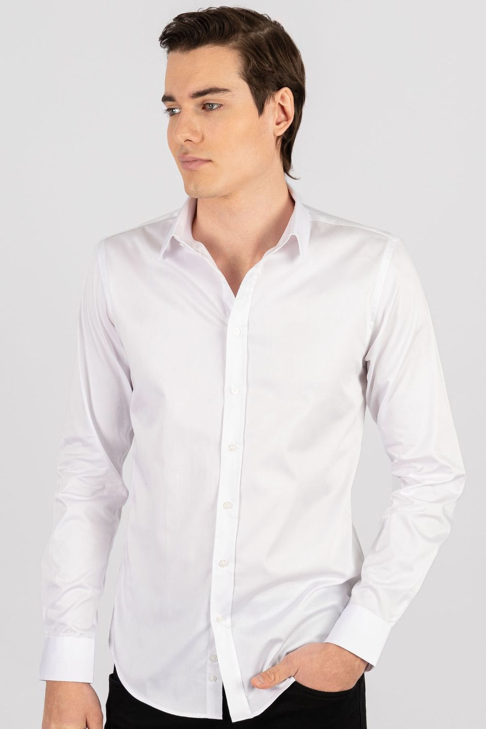 Slim Fit Uzun Kollu %100 Koton Saten Premium Erkek Beyaz Gömlek
