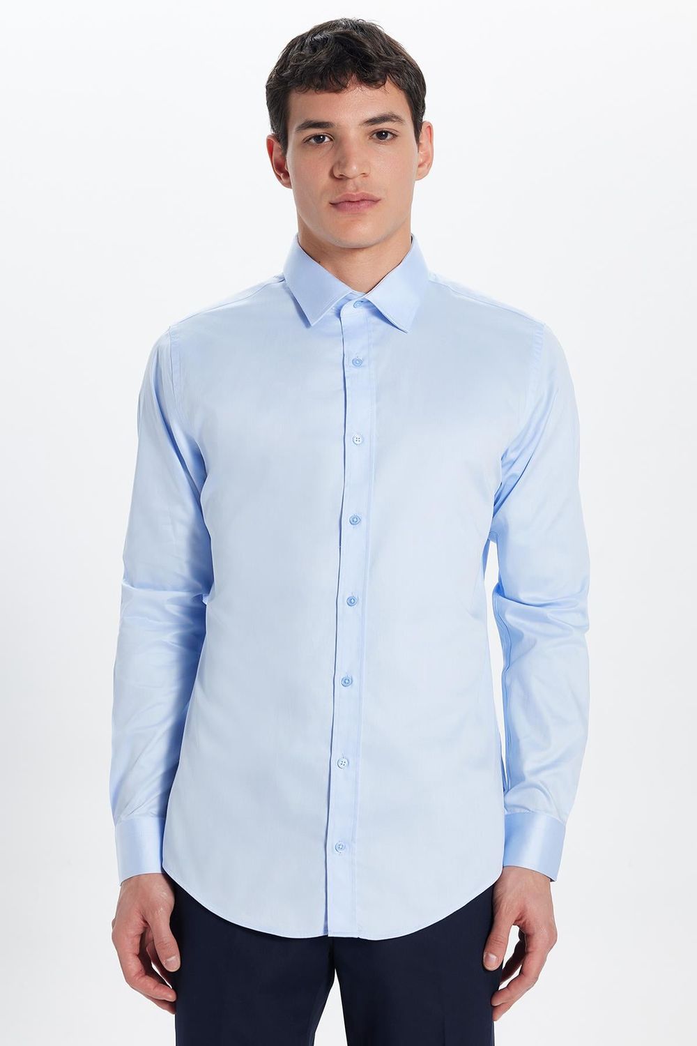 Erkek Slim Fit %100 Pamuk Koton Saten Premium Mavi Gömlek
