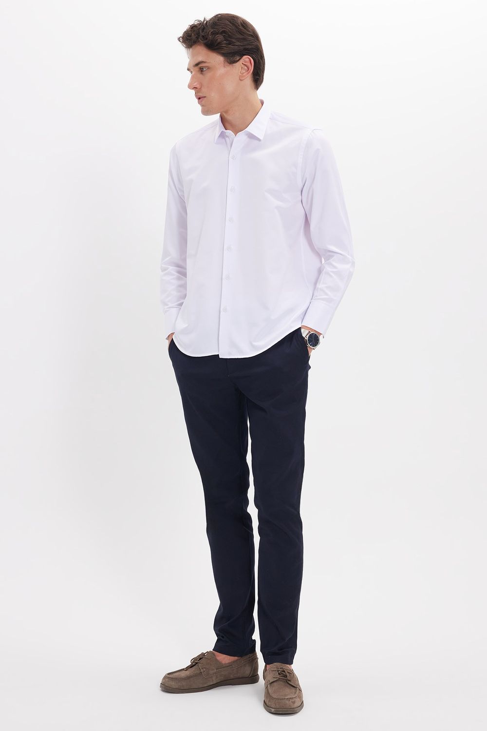 Slim Fit Kolay Ütü Teri Emen Nefes Alan Doku Kravatlık Dört Mevsim  Erkek Gömlek