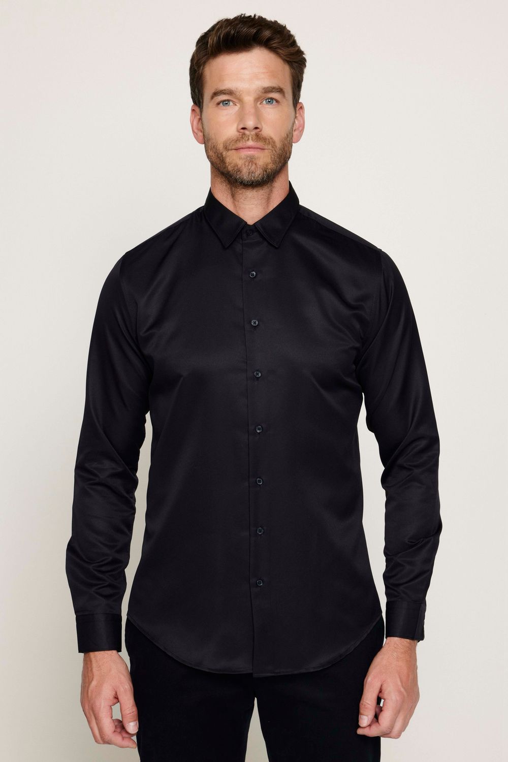 Slim Fit Kolay Ütülenebilir Ter Konforu Sağlayan Kravatlık Yaka Dört Mevsim Siyah Erkek Gömlek