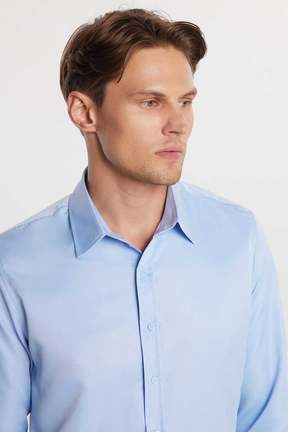Slim Fit Kolay Ütü Teri Emen Nefes Alan Doku Kravatlık Dört Mevsim  Erkek Gömlek