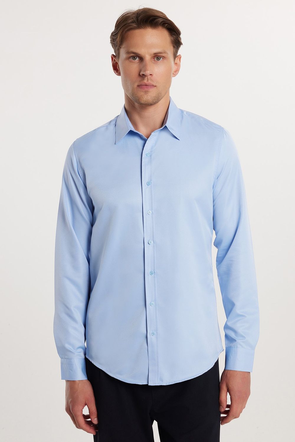 Slim Fit Kolay Ütü Teri Emen Nefes Alan Doku Kravatlık Dört Mevsim  Erkek Gömlek