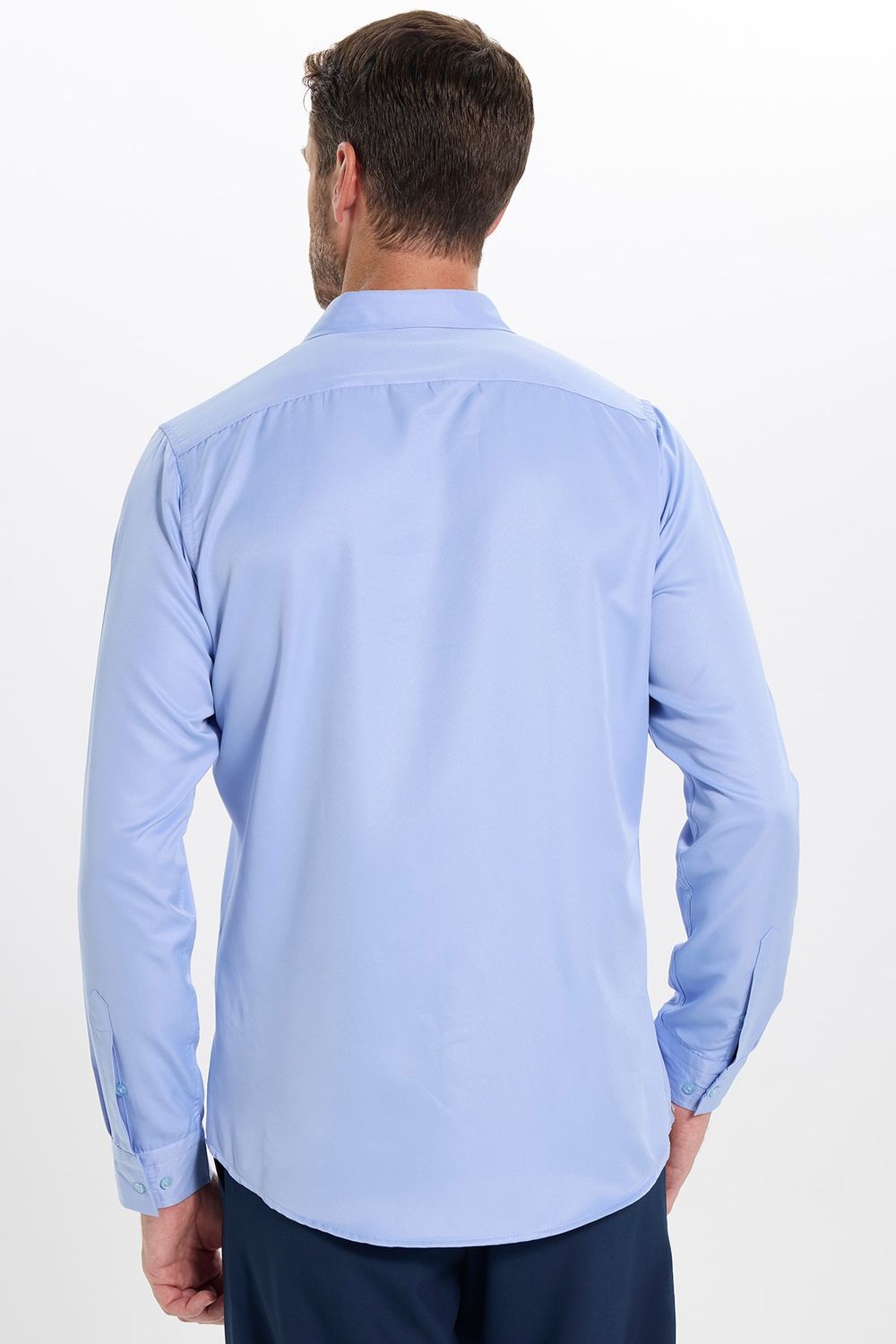 Slim Fit Kolay Ütülenebilir Ter Konforu Sağlayan Kravatlık Yaka Dört Mevsim Mavi Erkek Gömlek