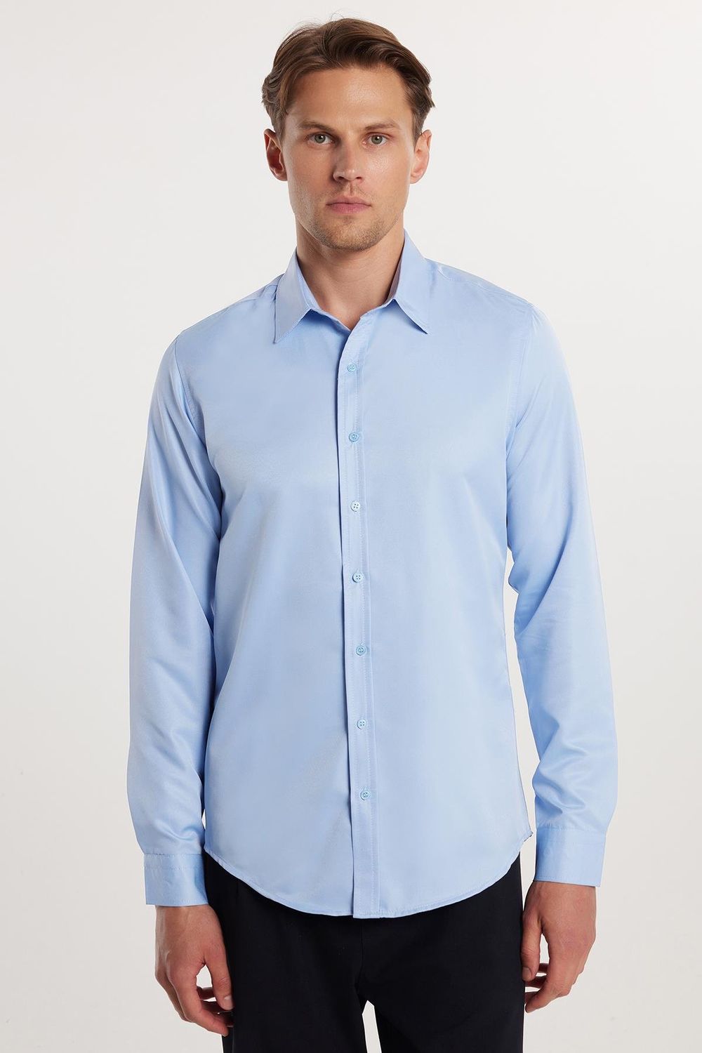 Slim Fit Uzun Kollu Kolay Ütü Teri Emen Nefes Alan Doku Kravatlık Dört Mevsim Mavi Erkek Gömlek