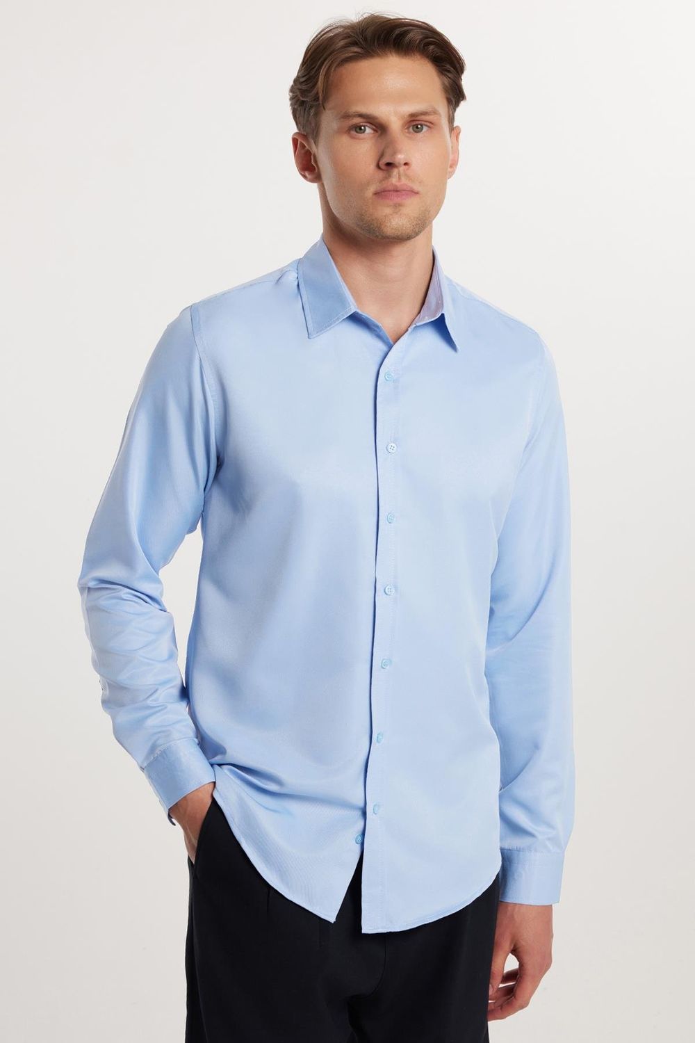 Slim Fit Uzun Kollu Kolay Ütü Teri Emen Nefes Alan Doku Kravatlık Dört Mevsim Mavi Erkek Gömlek