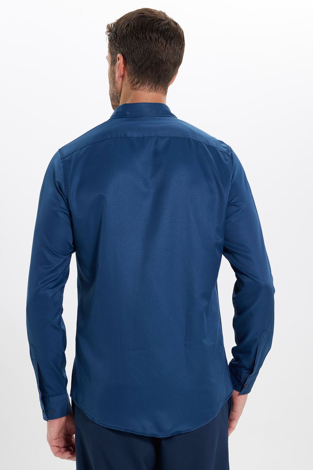 Slim Fit Kolay Ütülenebilir Ter Konforu Sağlayan Kravatlık Yaka Dört Mevsim Lacivert Erkek Gömlek