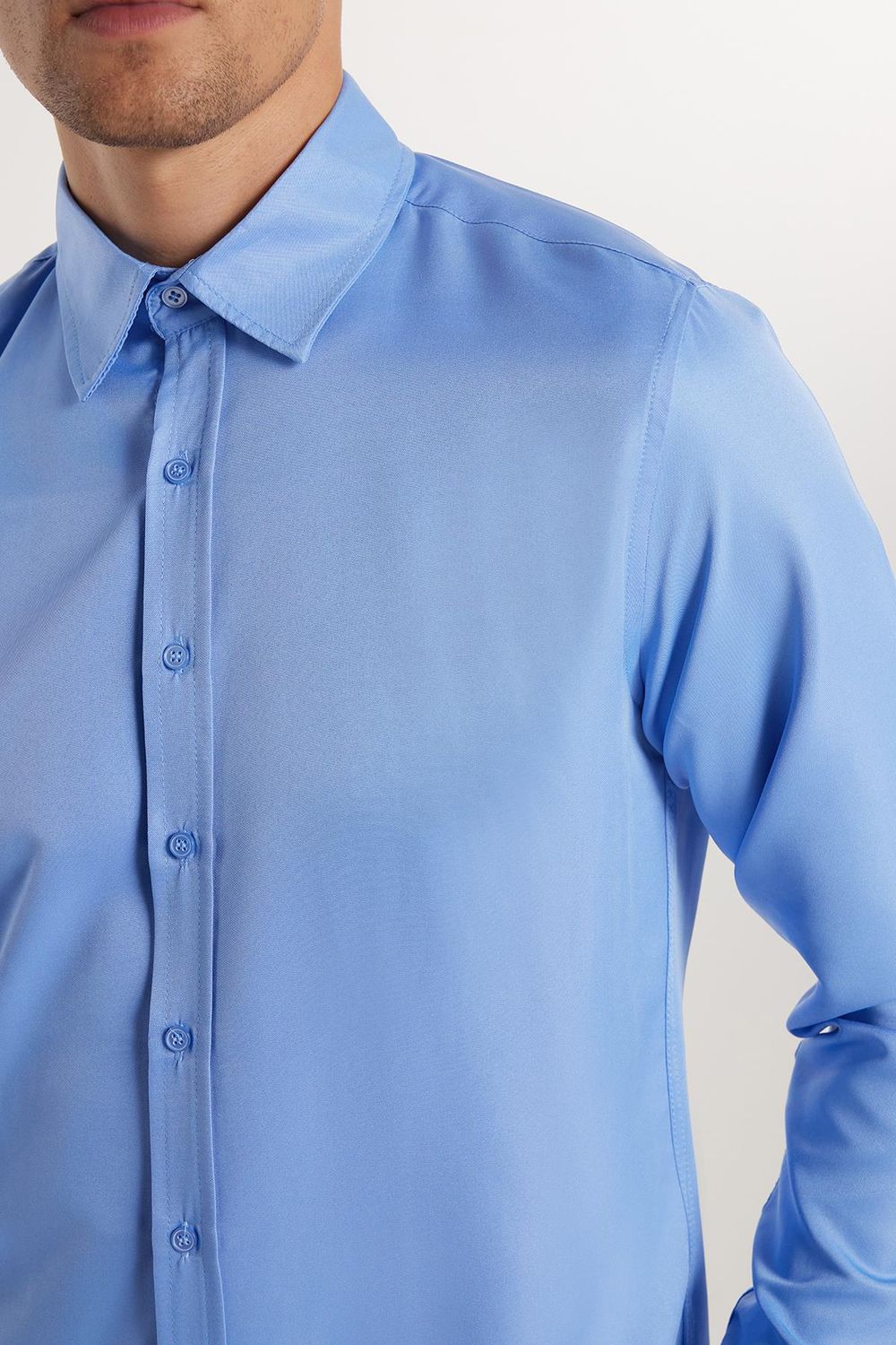 Slim Fit Uzun Kollu Kolay Ütü Teri Emen Nefes Alan Doku Kravatlık Dört Mevsim Mavi Erkek Gömlek