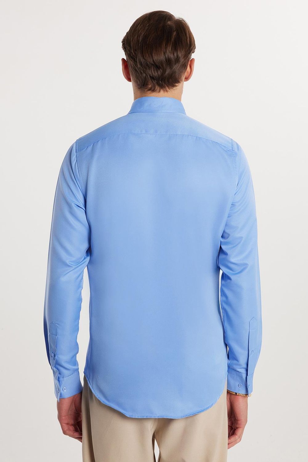 Slim Fit Uzun Kollu Kolay Ütü Teri Emen Nefes Alan Doku Kravatlık Dört Mevsim Mavi Erkek Gömlek