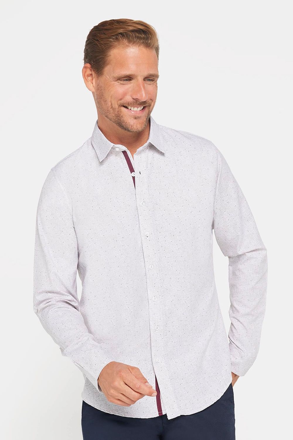 Slim Fit Uzun Kollu Pamuklu Kolay Ütü Desenli Erkek Bej Gömlek