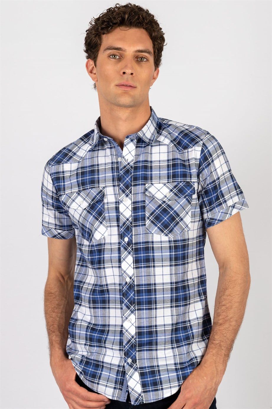 Slim Fit Kısa Kol Ekose Çift Cep Kapaklı Teksas Model Erkek Gömlek