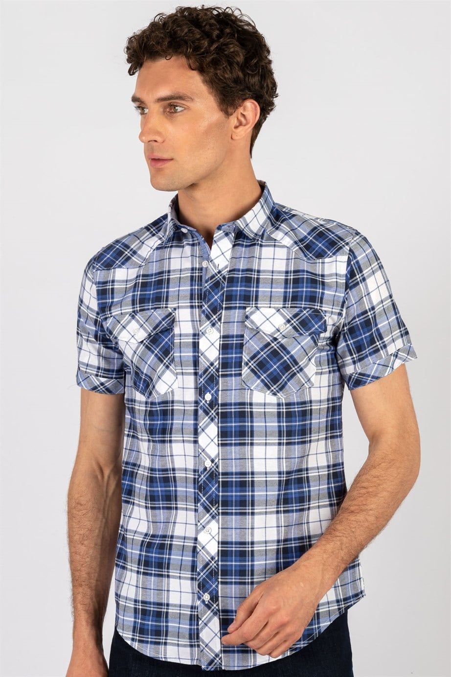 Slim Fit Kısa Kol Ekose Çift Cep Kapaklı Teksas Model Erkek Gömlek