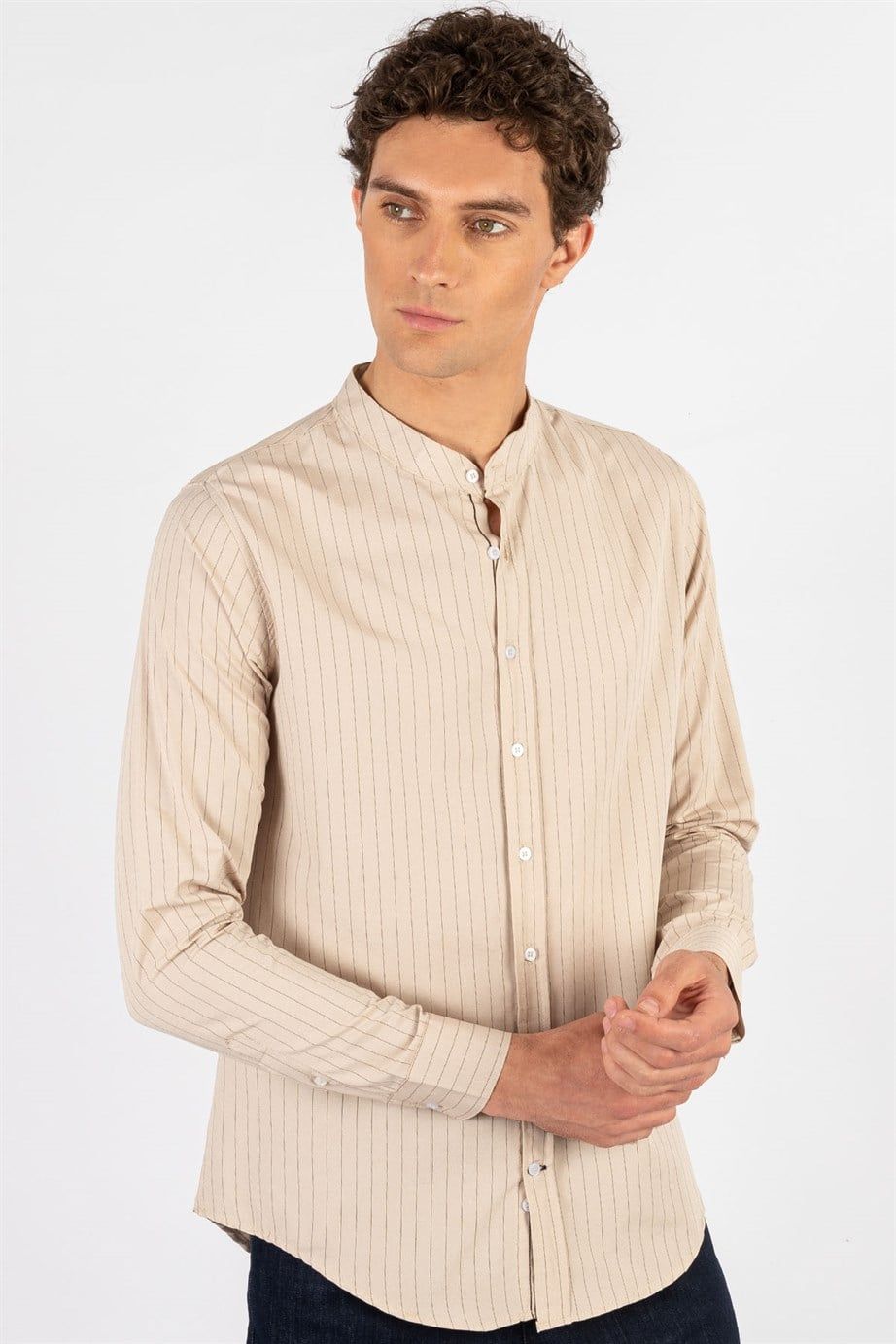 Slim Fit Uzun Kol Çizgili Hakim Yaka Erkek Gömlek