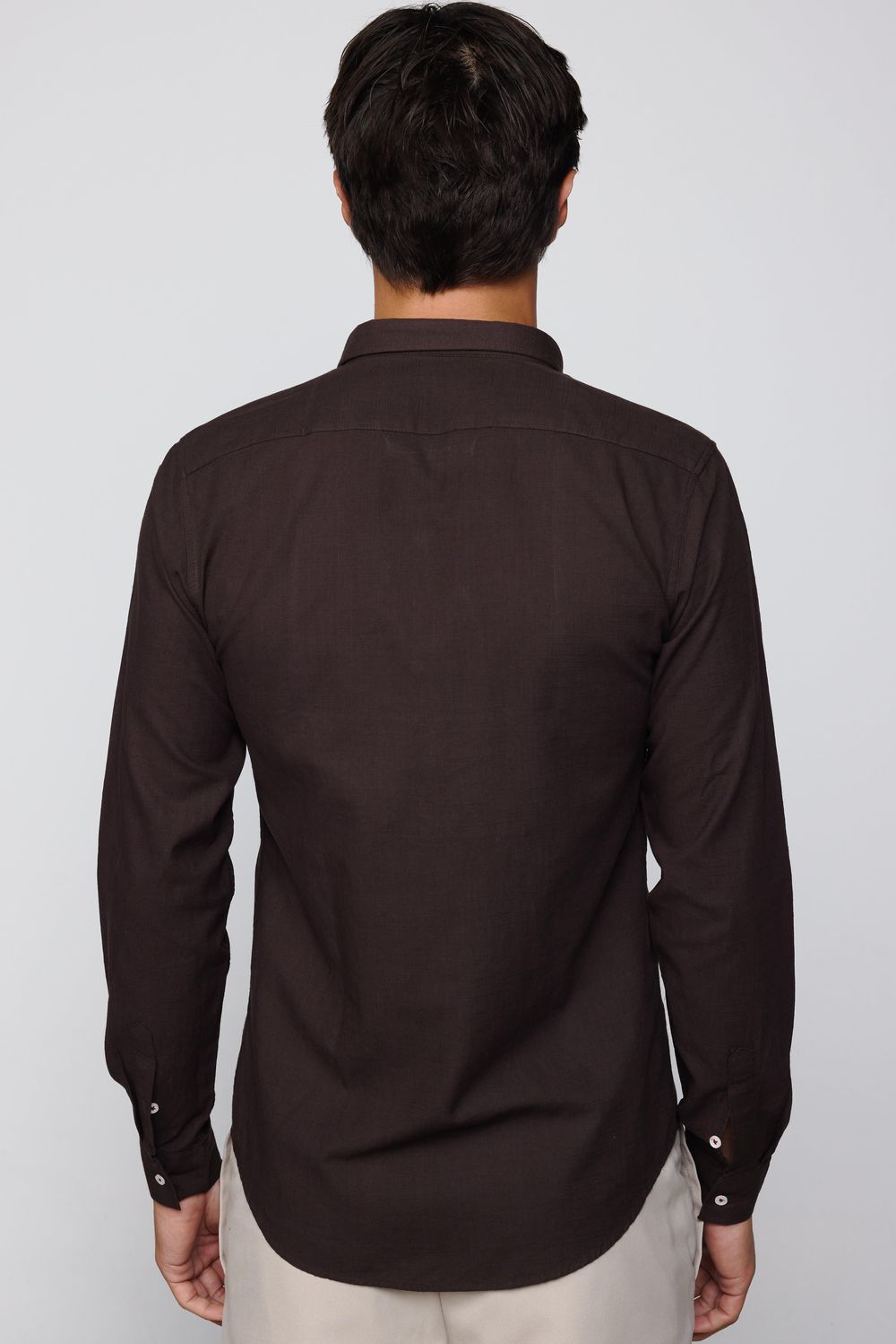 Slim Fit Uzun Kol Flam Pamuk Yaka İçi Biyeli Kahverengi Erkek Gömlek