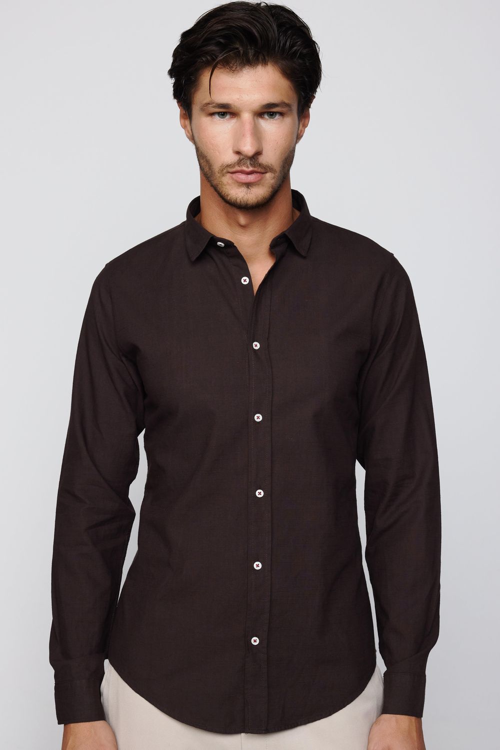 Slim Fit Uzun Kol Flam Pamuk Yaka İçi Biyeli Kahverengi Erkek Gömlek