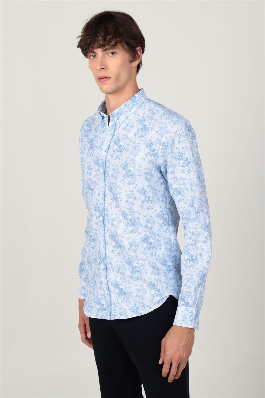 Slim Fit Uzun Kol Baskılı Desenli Yaka Düğmeli Erkek Gömlek
