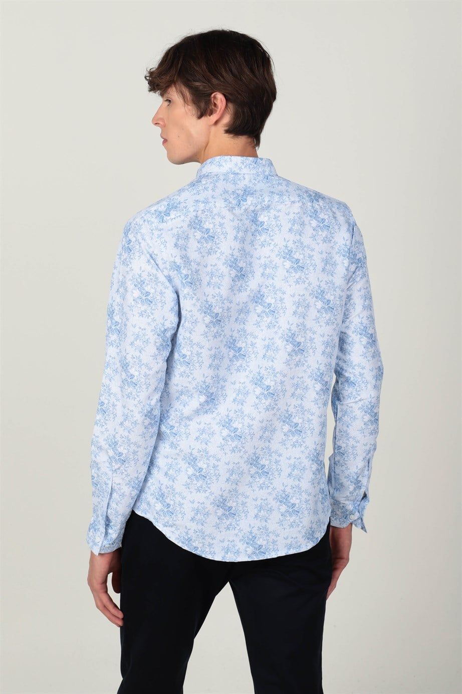 Slim Fit Uzun Kol Baskılı Desenli Yaka Düğmeli Erkek Gömlek
