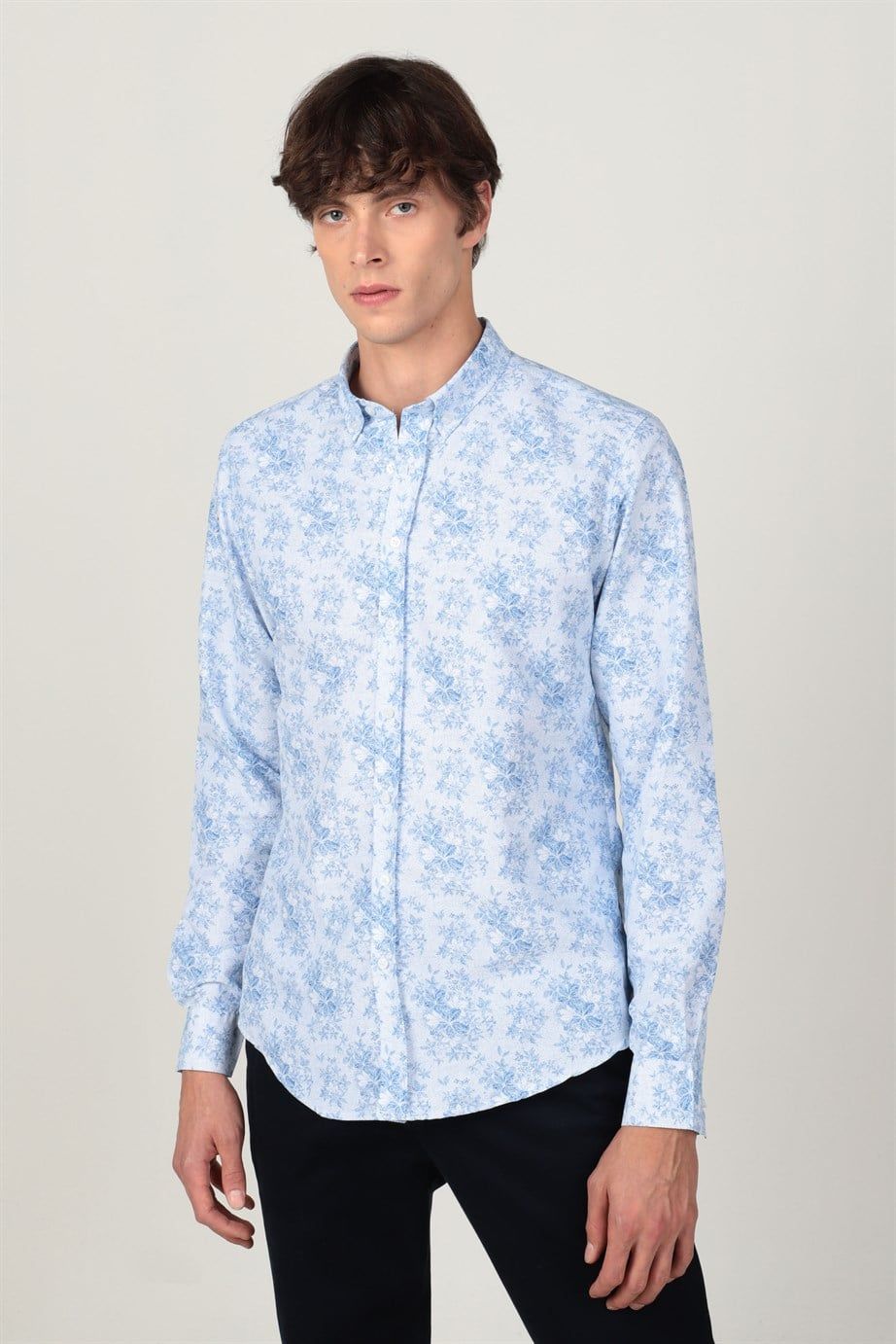 Slim Fit Uzun Kol Baskılı Desenli Yaka Düğmeli Erkek Gömlek
