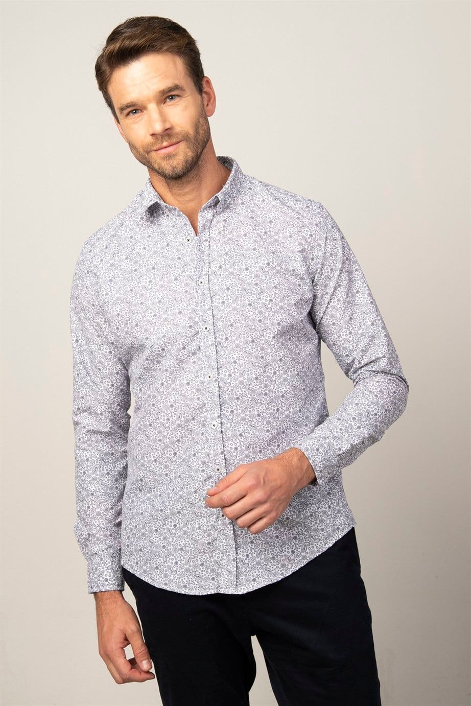 Slim Fit Uzun Kol Baskılı Desenli Yaka Düğmeli Erkek Gömlek