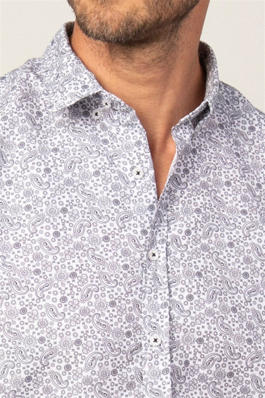 Slim Fit Uzun Kol Baskılı Desenli Yaka Düğmeli Erkek Gömlek