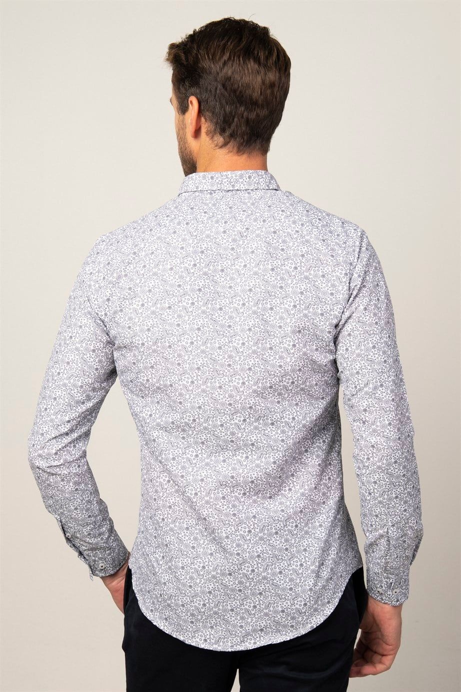 Slim Fit Uzun Kol Baskılı Desenli Yaka Düğmeli Erkek Gömlek