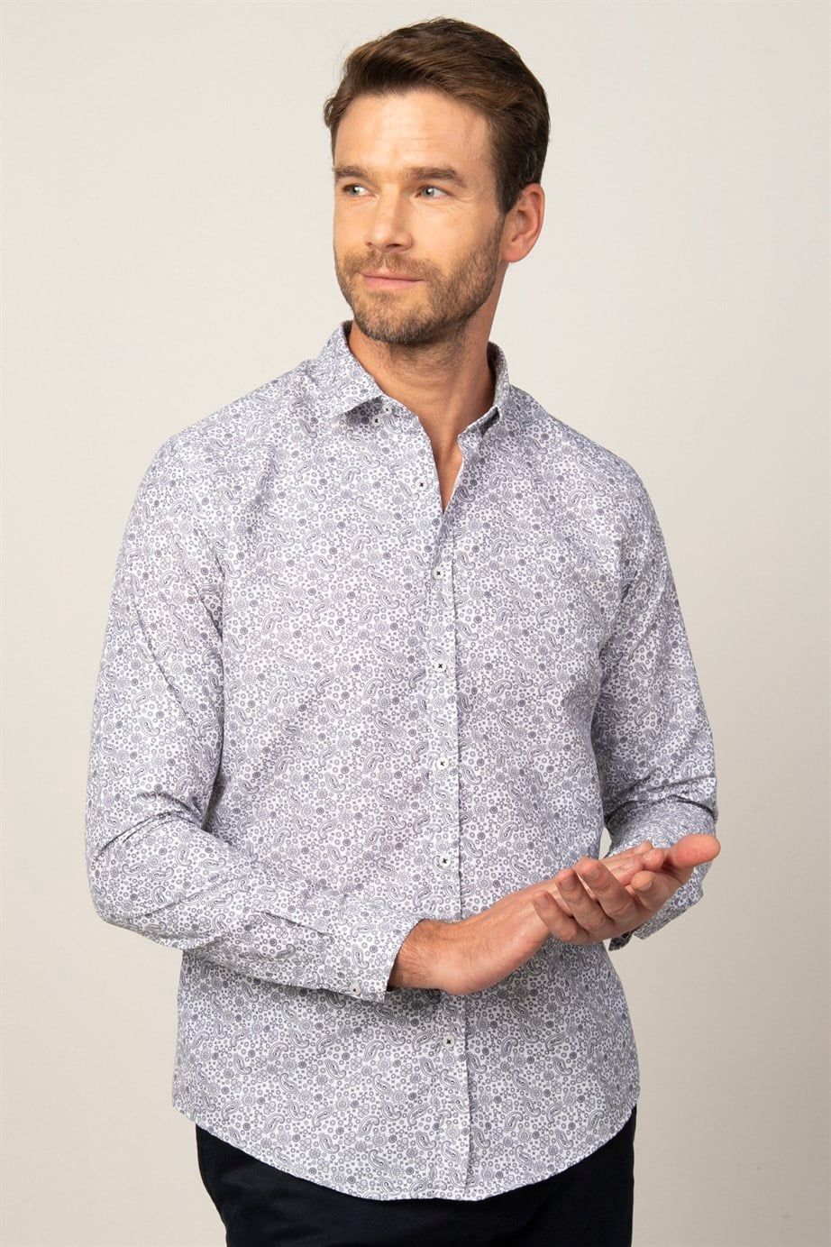 Slim Fit Uzun Kol Baskılı Desenli Yaka Düğmeli Erkek Gömlek