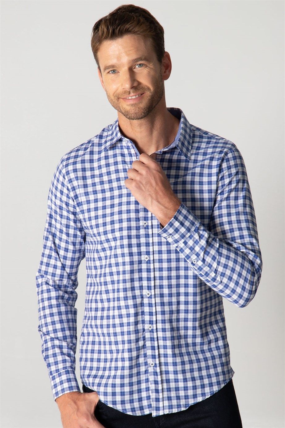 Slim Fit Uzun Kol Kareli Garnili Erkek Gömlek