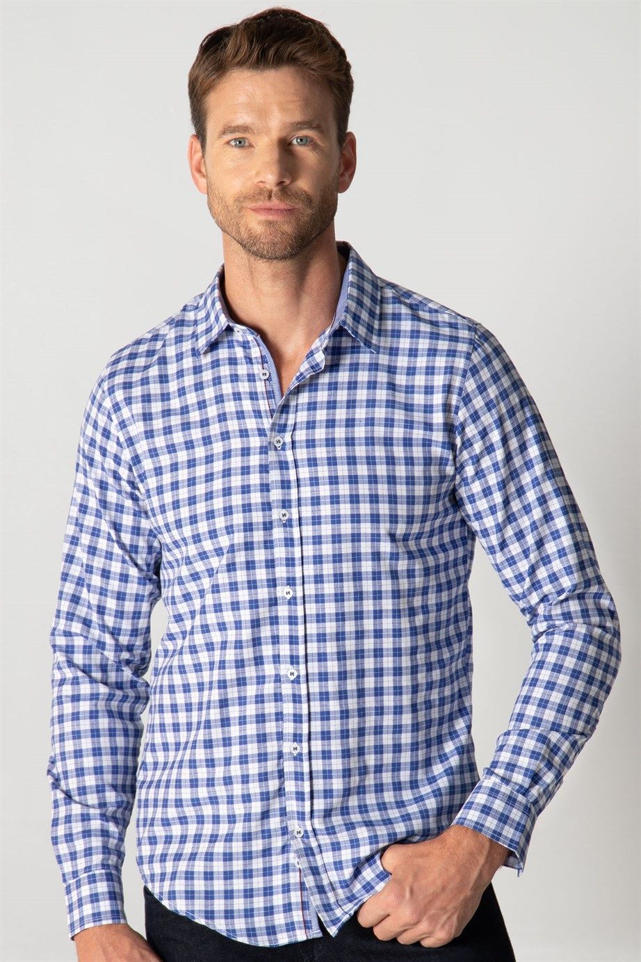 Slim Fit Uzun Kol Kareli Garnili Erkek Gömlek