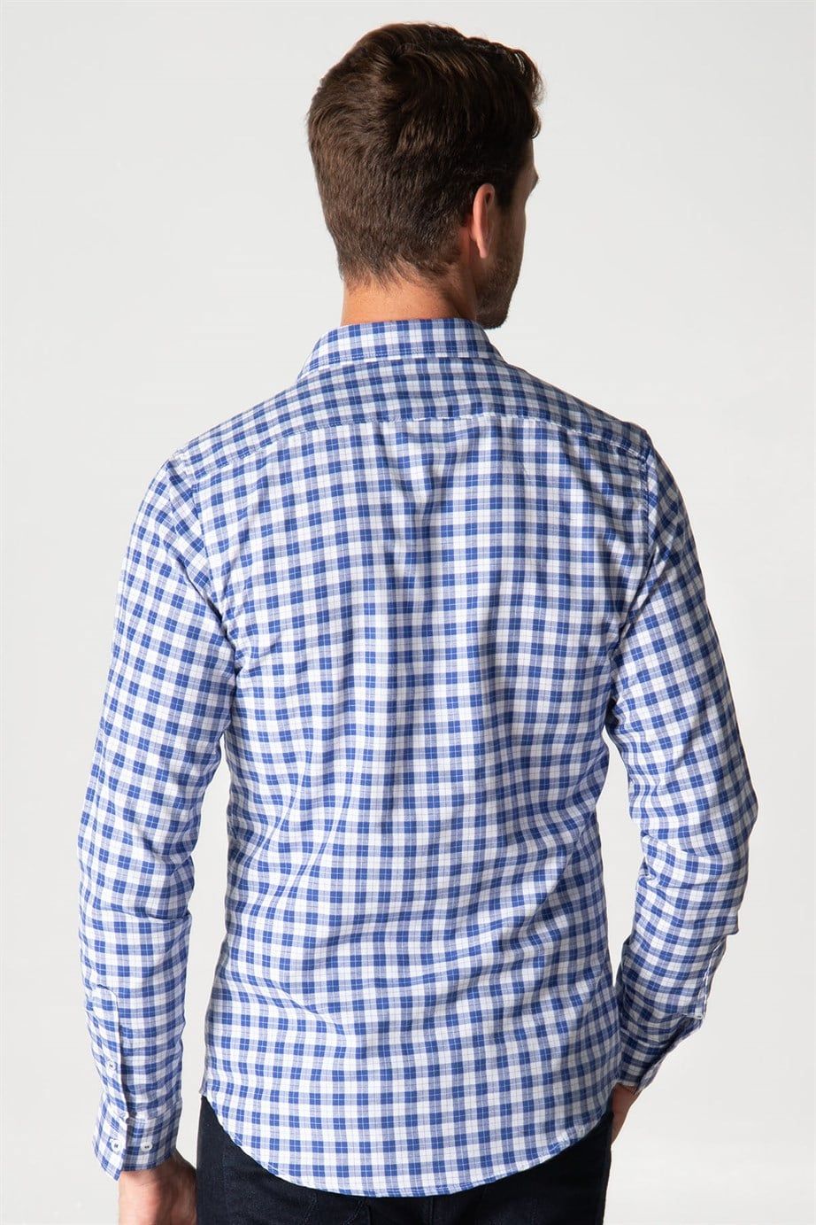 Slim Fit Uzun Kol Kareli Garnili Erkek Gömlek