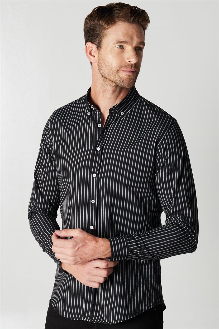 Slim Fit Uzun Kol Çizgili Spor Yaka Poplin Erkek Gömlek
