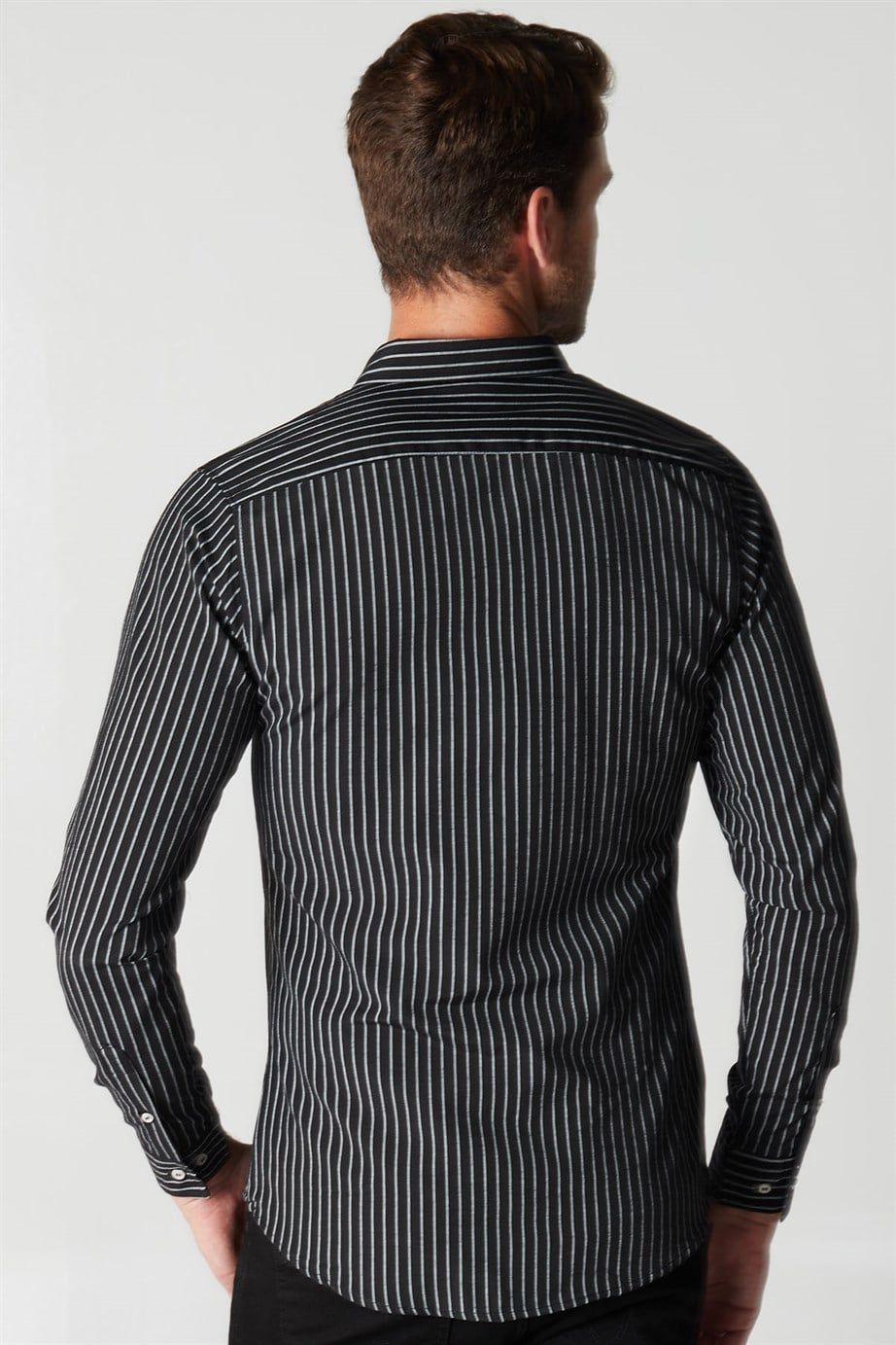 Slim Fit Uzun Kol Çizgili Spor Yaka Poplin Erkek Gömlek