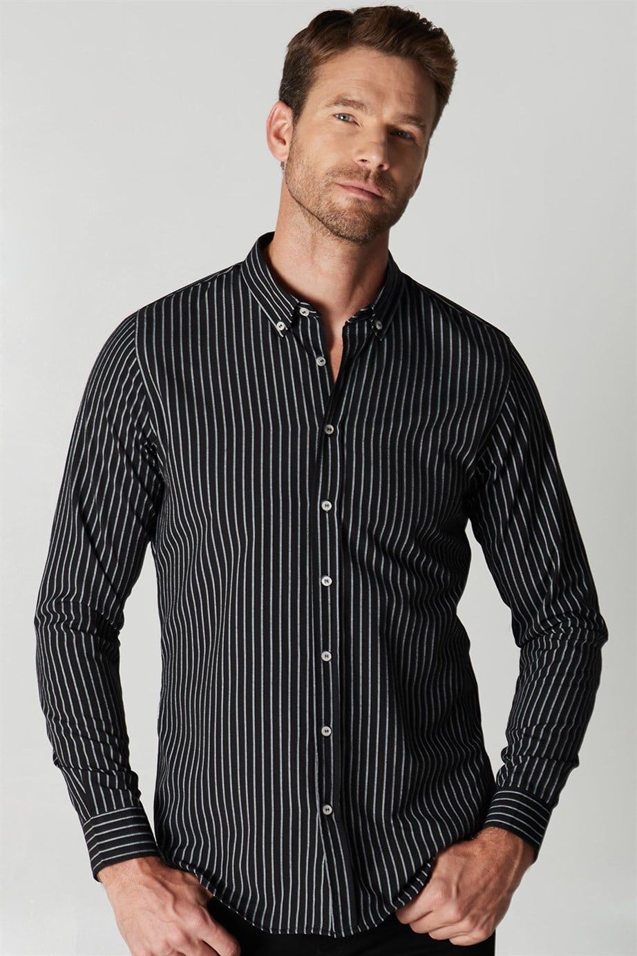 Slim Fit Uzun Kol Çizgili Spor Yaka Poplin Erkek Gömlek