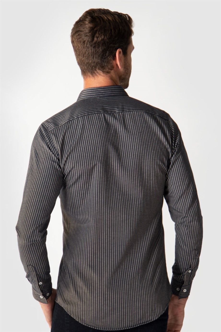 Slim Fit Uzun Kol Çizgili Spor Yaka Poplin Erkek Gömlek