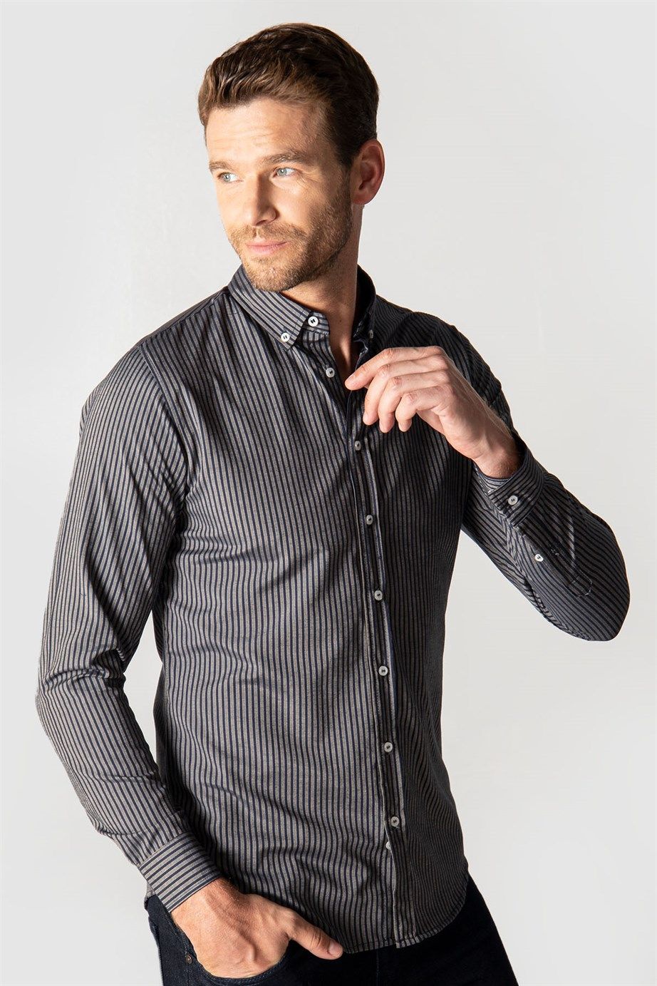 Slim Fit Uzun Kol Çizgili Spor Yaka Poplin Erkek Gömlek