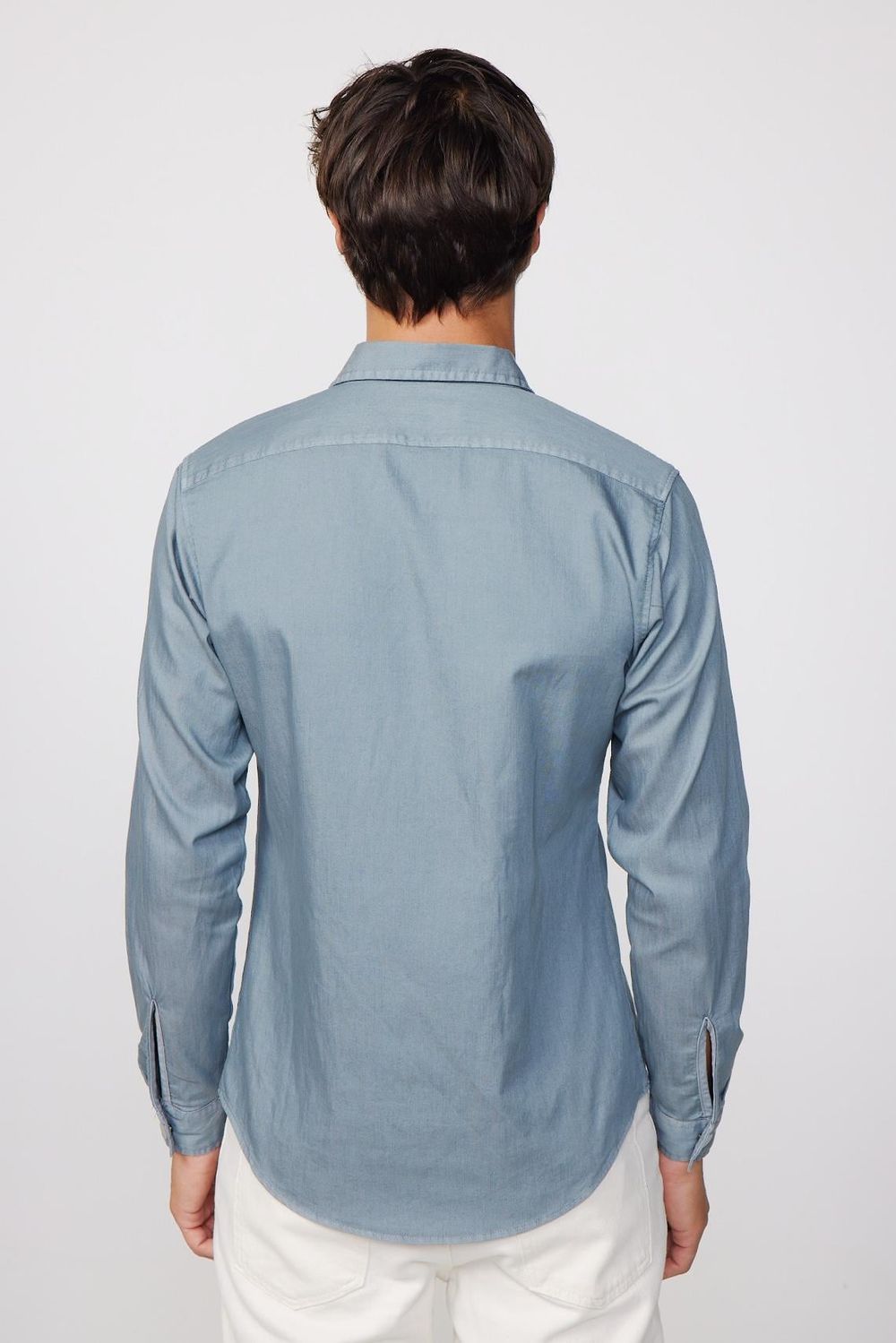 Slim Fit Uzun Kol Denim Parça Boyalı Çift Cep Kapaklı Metal Düğme Erkek Gri Gömlek