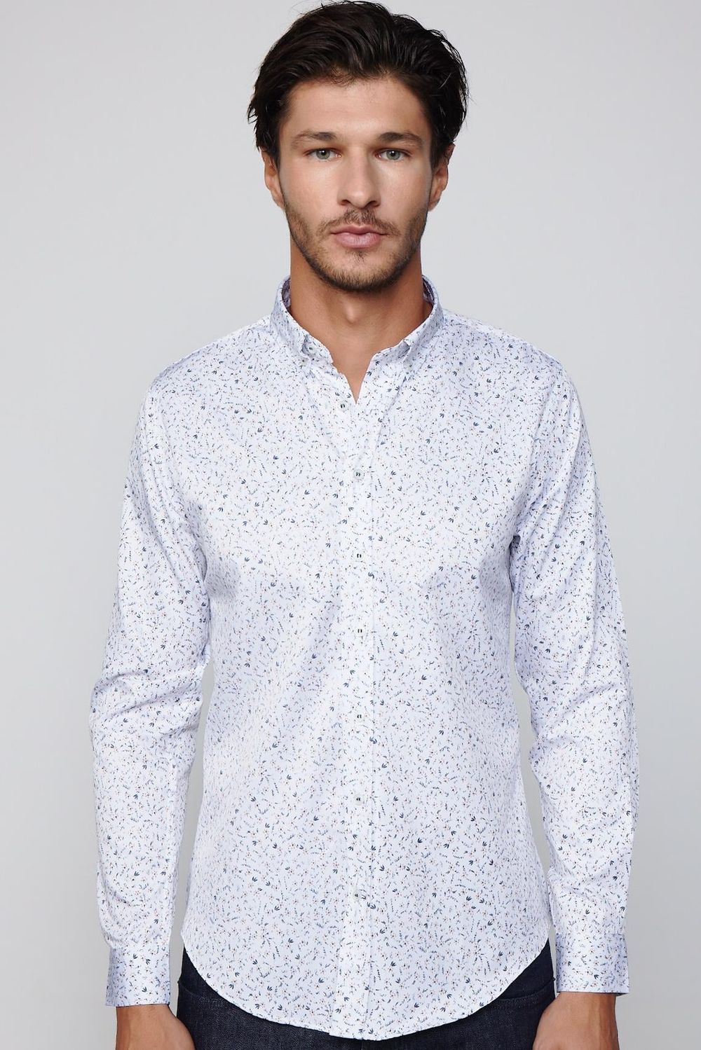 Slim Fit Dar Kesim Pamuklu Kolay Ütülenebilir Desenli Erkek Beyaz Gömlek