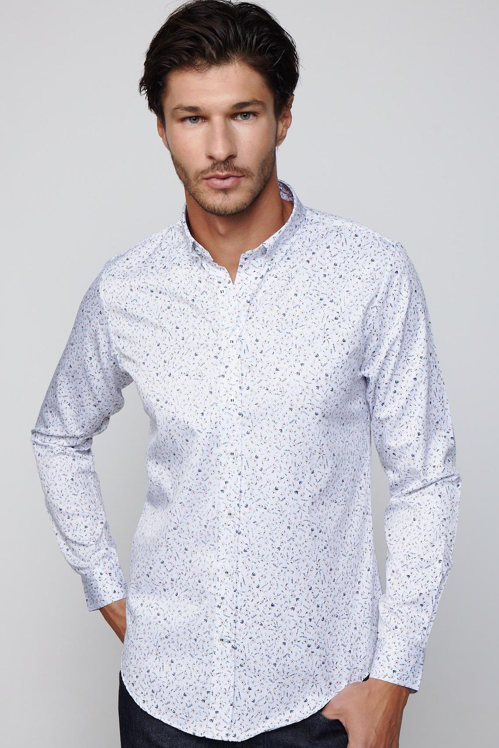 Slim Fit Dar Kesim Pamuklu Kolay Ütülenebilir Desenli Erkek Beyaz Gömlek