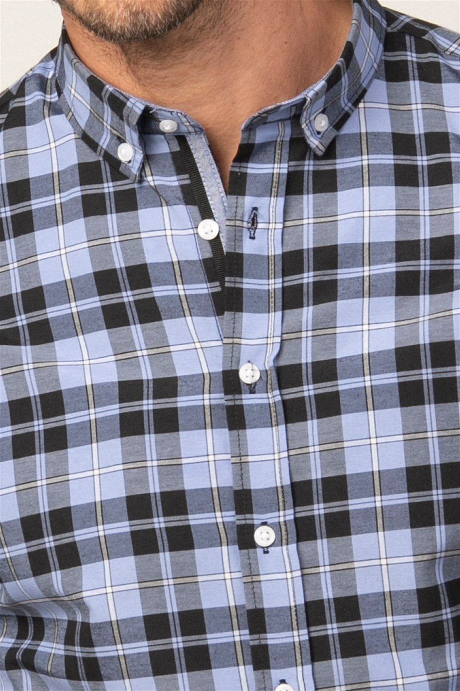 Slim Fit Uzun Kol Ekoseli Biyeli Yaka Düğmeli Erkek Gömlek